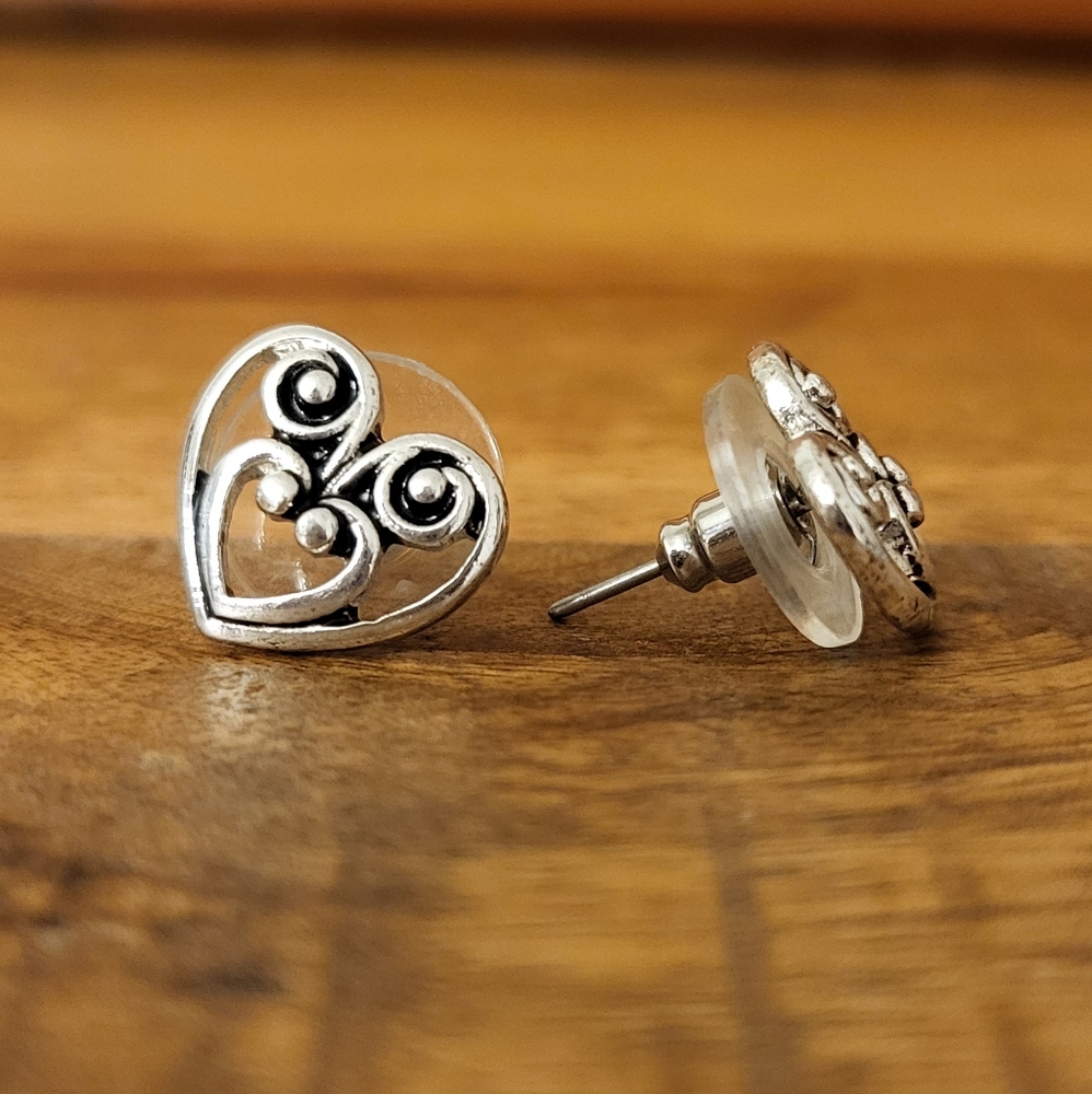 Silver Open Scroll Heart Post Earrings